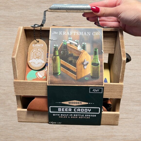 NWT The Kraftsman Co. Wooden Beer Caddy w/ Bottle Opener, Koozie, Key Chain - Picture 1 of 5